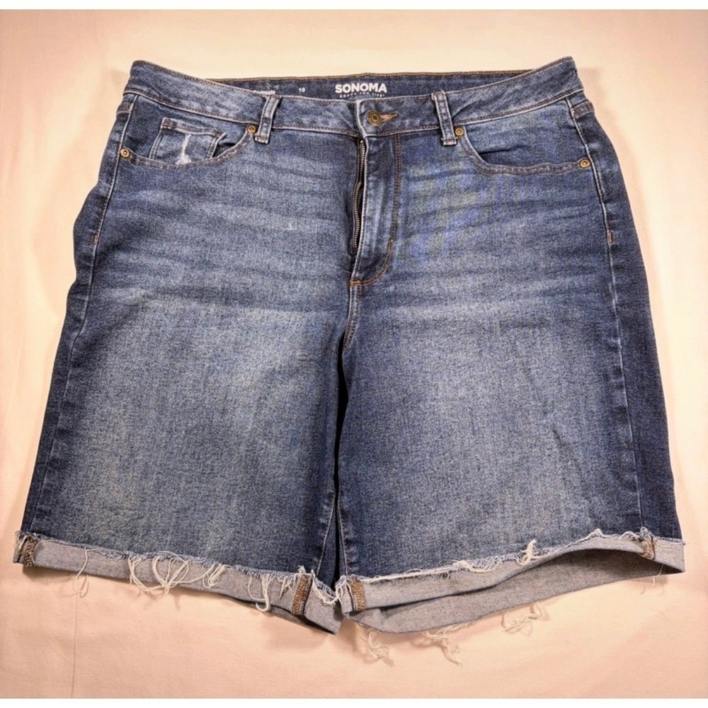 Sonoma Goods For Life Womens Bermuda Denim Jean Shorts Blue Size 16 Frayed Hem